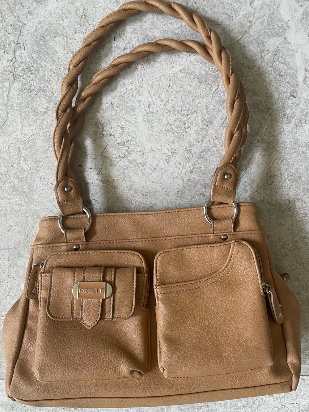Rosetti Tan Braided-Handle Shoulder Bag with Front Pockets
